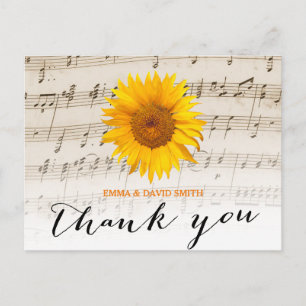 Vintage Sunflower & Music Sheet Wedding Thank You Postcard