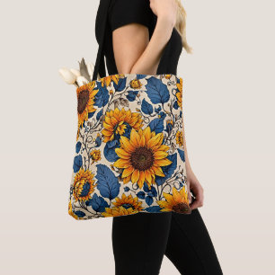 Vintage Sunflower Navy Blue Floral Tote Bag