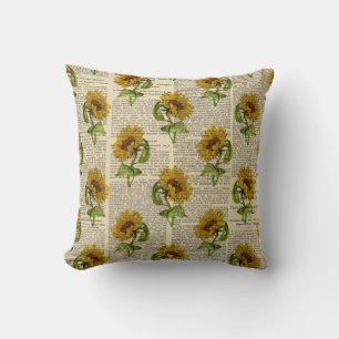 Vintage Sunflower Newsprint Throw Pillow