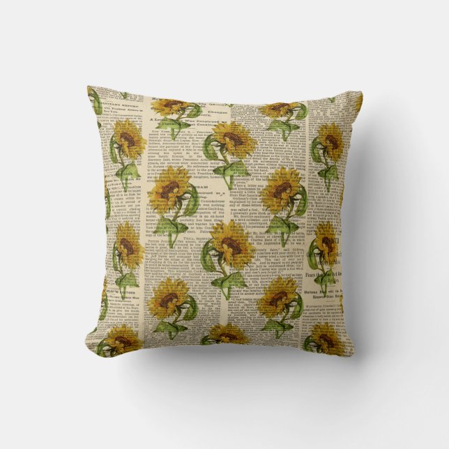 Vintage Sunflower Newsprint Throw Pillow (Front)