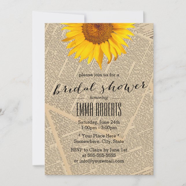 Vintage Sunflower Old Newspaper Bridal Shower Invitation (Front)