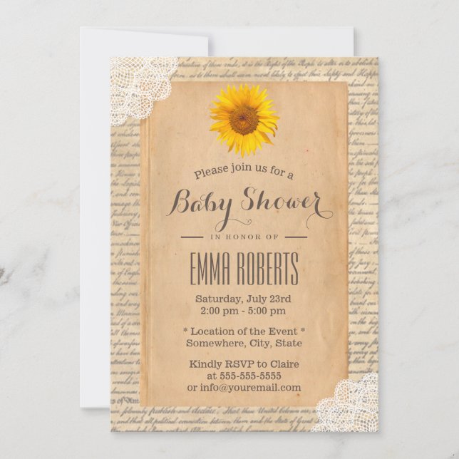 Vintage Sunflower Old Script Paper Baby Shower Invitation (Front)