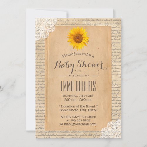 Vintage Sunflower Old Script Paper Baby Shower 5x7 Paper Invitation Card