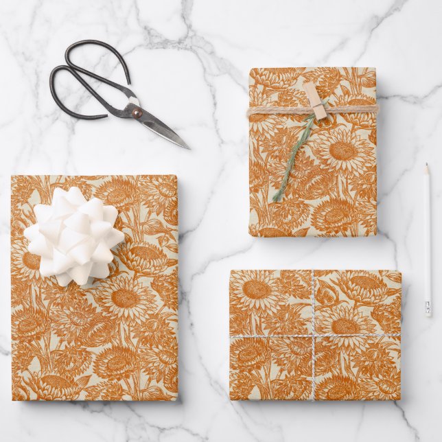 Vintage Sunflower Orange Wrapping Paper Sheets (Front)