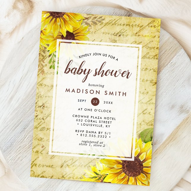Vintage Sunflower Script Baby Shower Invitation (Creator Uploaded)