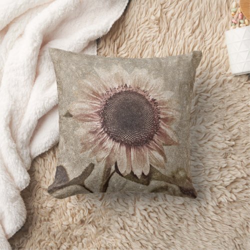 Vintage Sunflower Sepia Brown Pink Rustic Texture Throw Pillow