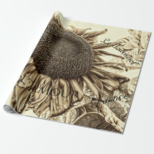 Vintage Sunflower Sepia Tone Old Script Decoupage Wrapping Paper