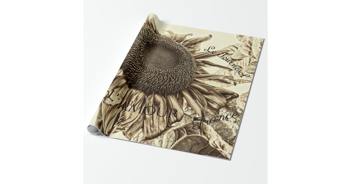 Vintage Sunflower Sepia Tone Old Script Decoupage Wrapping Paper | Zazzle