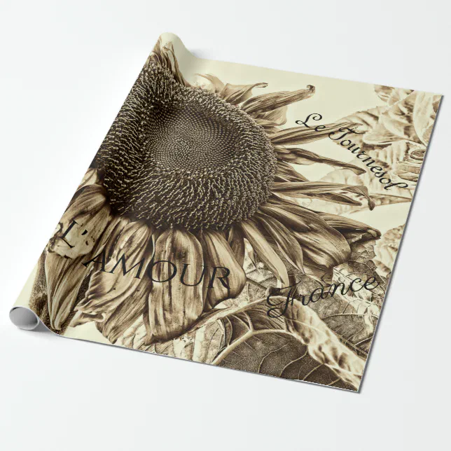 Vintage Sunflower Sepia Tone Old Script Decoupage Wrapping Paper | Zazzle