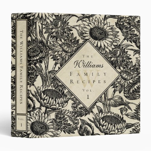 Vintage Sunflower Toile Black Recipe Binder