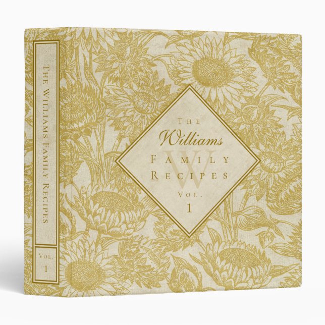 Vintage Sunflower Toile Gold Recipe Binder (Front/Spine)