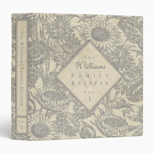 Vintage Sunflower Toile Gray Recipe Binder