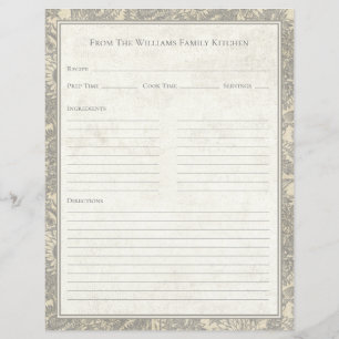 Vintage Sunflower Toile Gray Recipe Paper Sheet
