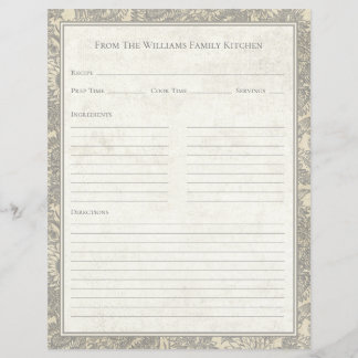 Vintage Sunflower Toile Gray Recipe Paper Sheet