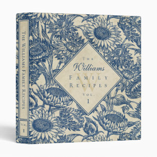 Vintage Sunflower Toile Navy Blue Recipe Binder