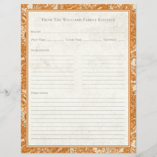 Vintage Sunflower Toile Orange Recipe Paper Sheet