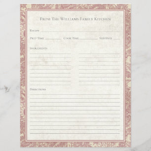 Vintage Sunflower Toile Rose Recipe Paper Sheet