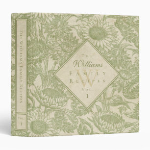Vintage Sunflower Toile Sage Green Recipe Binder