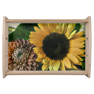 Vintage Sunflower Watercolor on a Wooden Table Serving Tray