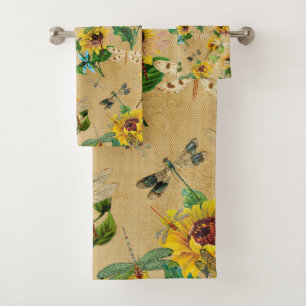 Vintage Sunflowers and Dragonflies Bath Towel Set