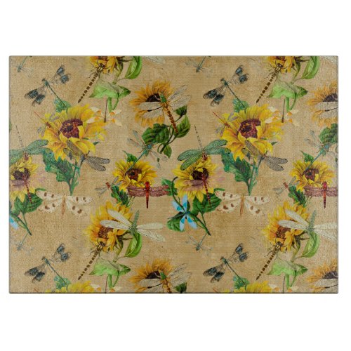 Vintage Sunflowers and Dragonflies  Cutting Board