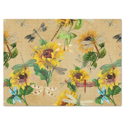Vintage Sunflowers and Dragonflies Decoupage Tissue Paper