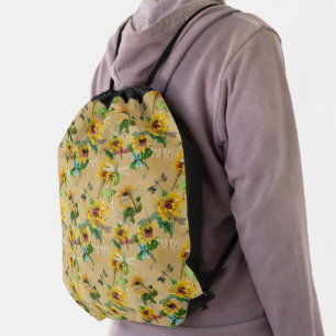 Vintage Sunflowers and Dragonflies Drawstring Bag
