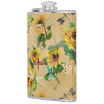 Vintage Sunflowers And Dragonflies  Flask at Zazzle