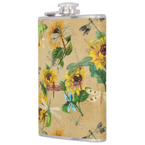 Vintage Sunflowers and Dragonflies  Flask