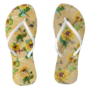 Vintage Sunflowers and Dragonflies Flip Flops