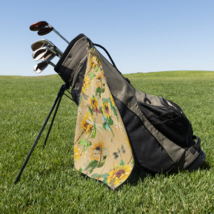 Vintage Sunflowers and Dragonflies  Golf Towel