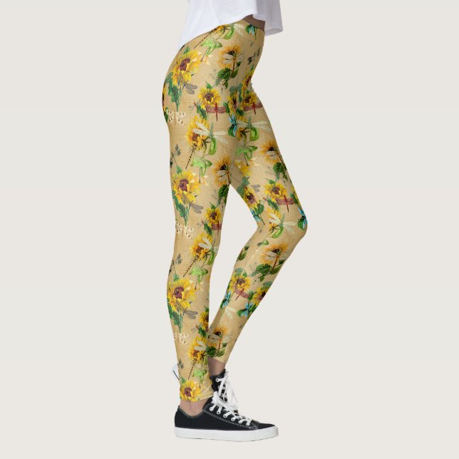 Vintage Sunflowers and Dragonflies  Leggings (Right)