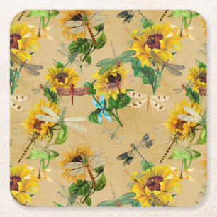 Vintage Sunflowers and Dragonflies Square Paper Coaster