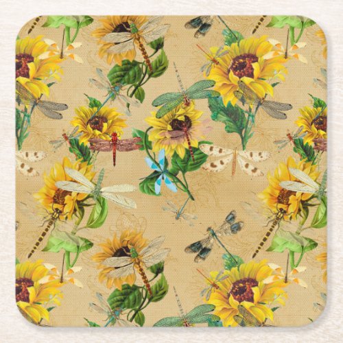 Vintage Sunflowers and Dragonflies  Square Paper Coaster