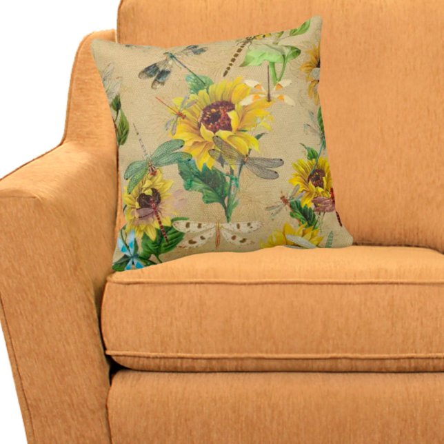 Vintage Sunflowers and Dragonflies  Throw Pillow (Creator Uploaded)