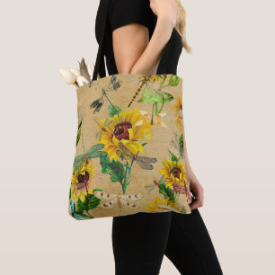 Vintage Sunflowers and Dragonflies Tote Bag