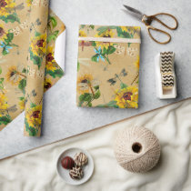 Vintage Sunflowers and Dragonflies Wrapping Paper