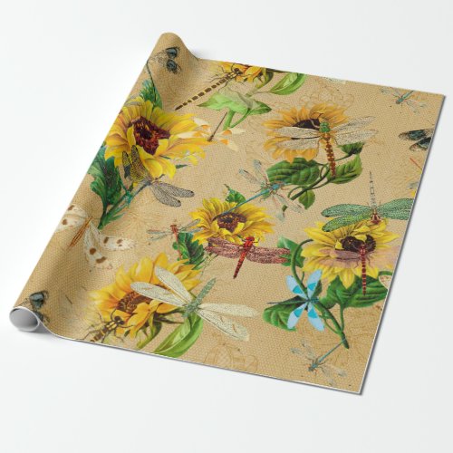 Vintage Sunflowers and Dragonflies Wrapping Paper