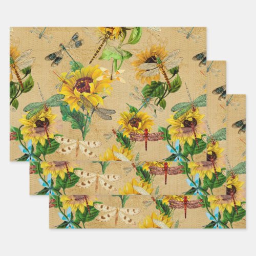 Vintage Sunflowers and Dragonflies Wrapping Paper Sheets