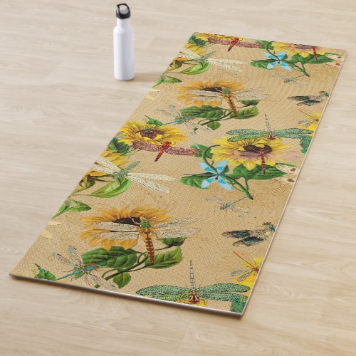 Vintage Sunflowers and Dragonflies  Yoga Mat