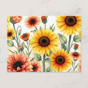 Vintage Sunflowers and Marigolds Botanical Postcard