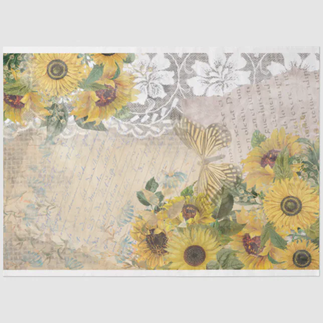Vintage Sunflowers Burlap Lace Yellow Butterfly Tissue Paper | Zazzle