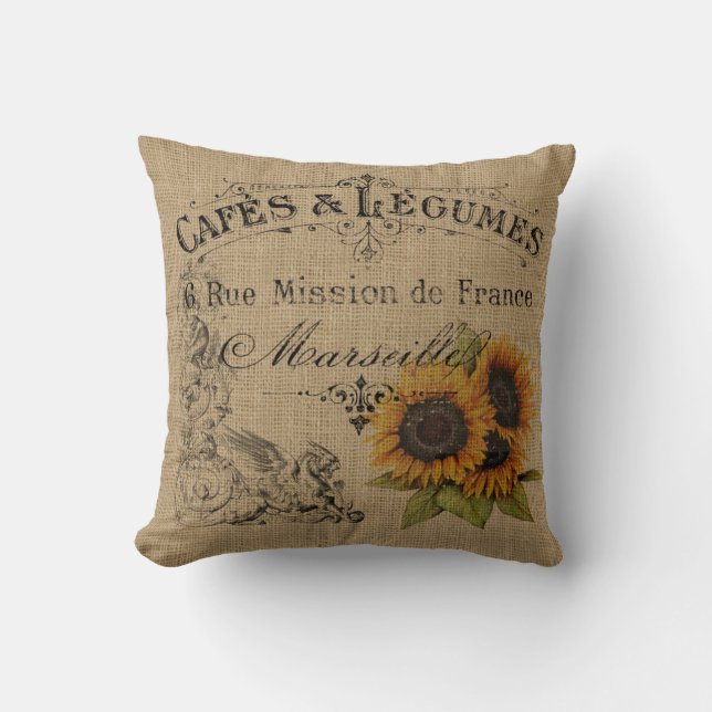 Vintage Sunflowers Burlap Throw Pillow (Front)