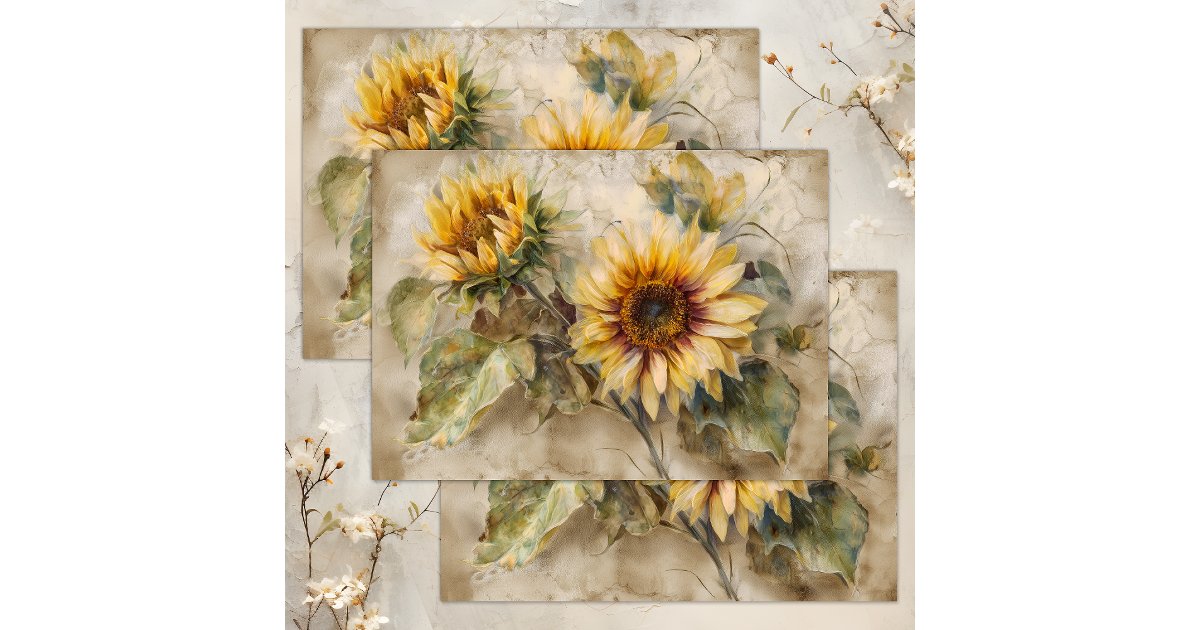 VINTAGE SUNFLOWERS FLORAL DECOUPAGE TISSUE PAPER | Zazzle