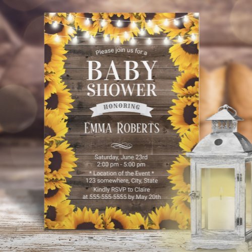 Vintage Sunflowers Framed Barn Wood Baby Shower Invitation