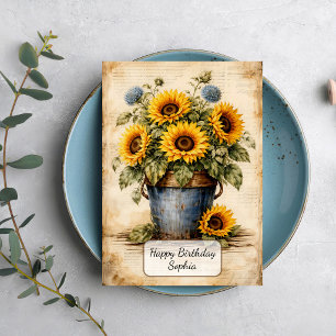 Vintage Sunflowers in Rustic Bucket Card