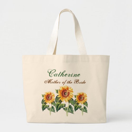 Vintage Sunflowers Mother of the Bride Custom Name Large Tote Bag