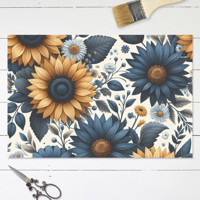 Vintage Sunflowers Navy Blue Daisies Decoupage Tissue Paper (Creator Uploaded)