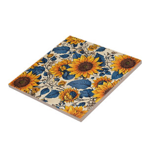 Vintage Sunflowers Navy Blue Floral Ceramic Tile