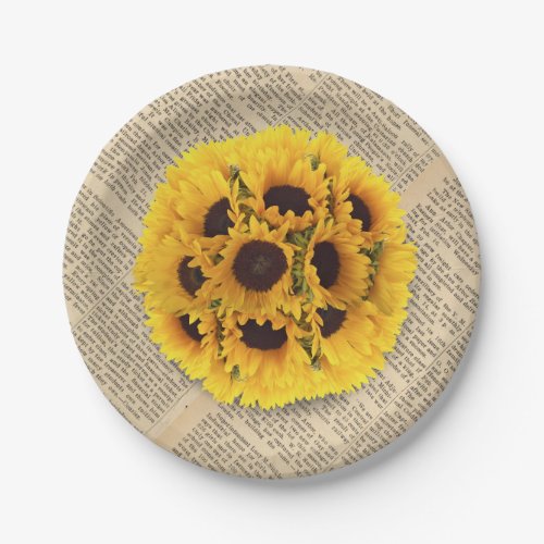 Vintage Sunflowers Old Pages Rustic Wedding Paper Plates